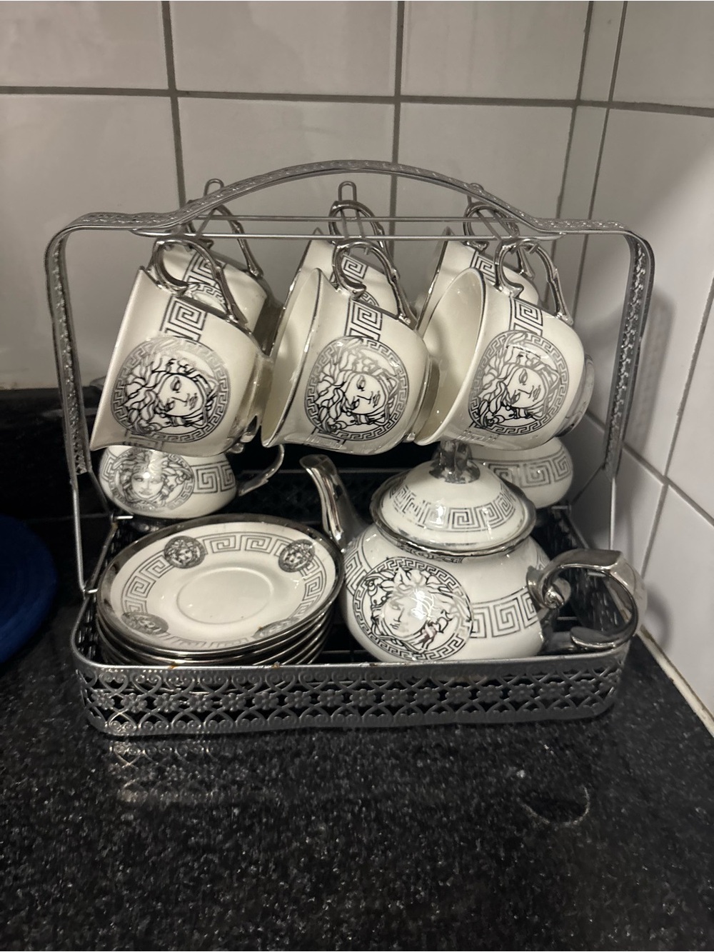 Versace White and Silver Medusa Porcelain Tea Service with Rack